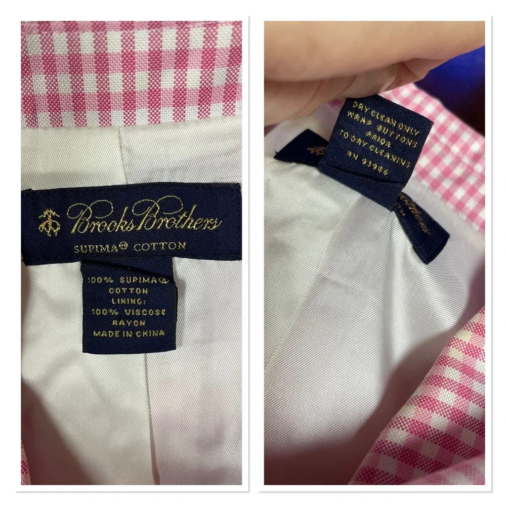 Brooks Brothers Womens Pink Gingham Cotton Double Breasted Blazer Jacket Work 14